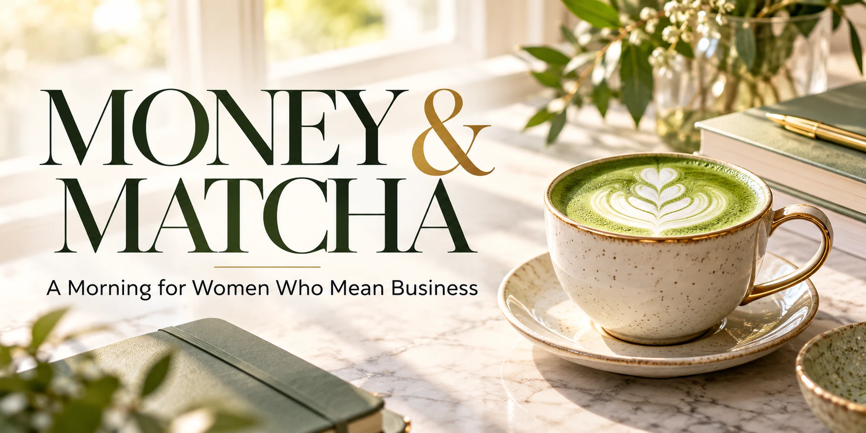 Money & Matcha: A Morning for Women Who Mean Business. A matcha latte in a ceramic cup on a marble table beside a notebook and fresh flowers.