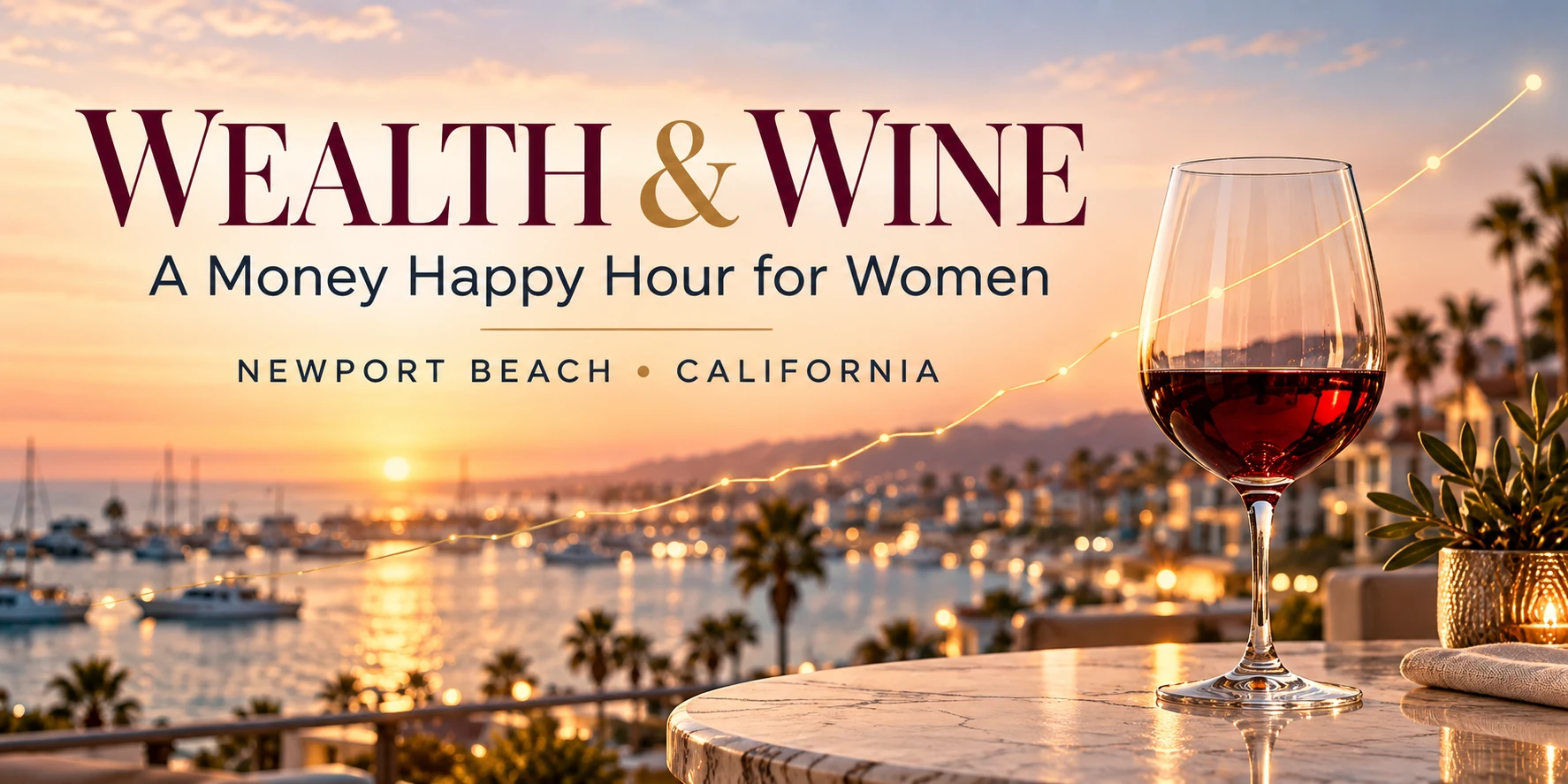 Wealth & Wine: A Money Happy Hour for Women, Newport Beach, California. A glass of red wine on a marble table overlooking the harbor at sunset.