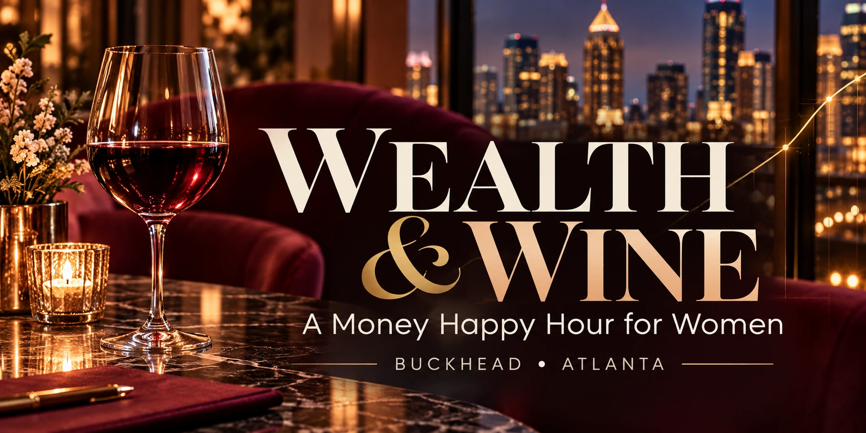 Wealth & Wine: A Money Happy Hour for Women, Buckhead, Atlanta. A glass of red wine on a marble table with the Atlanta skyline at night.